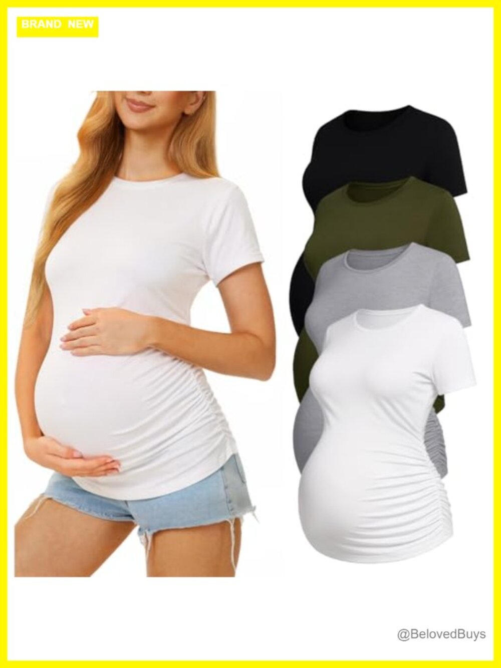 MIRAZEN Women's Maternity Crew Neck Short Sleeve Ruched T-Shirt 4 Pack